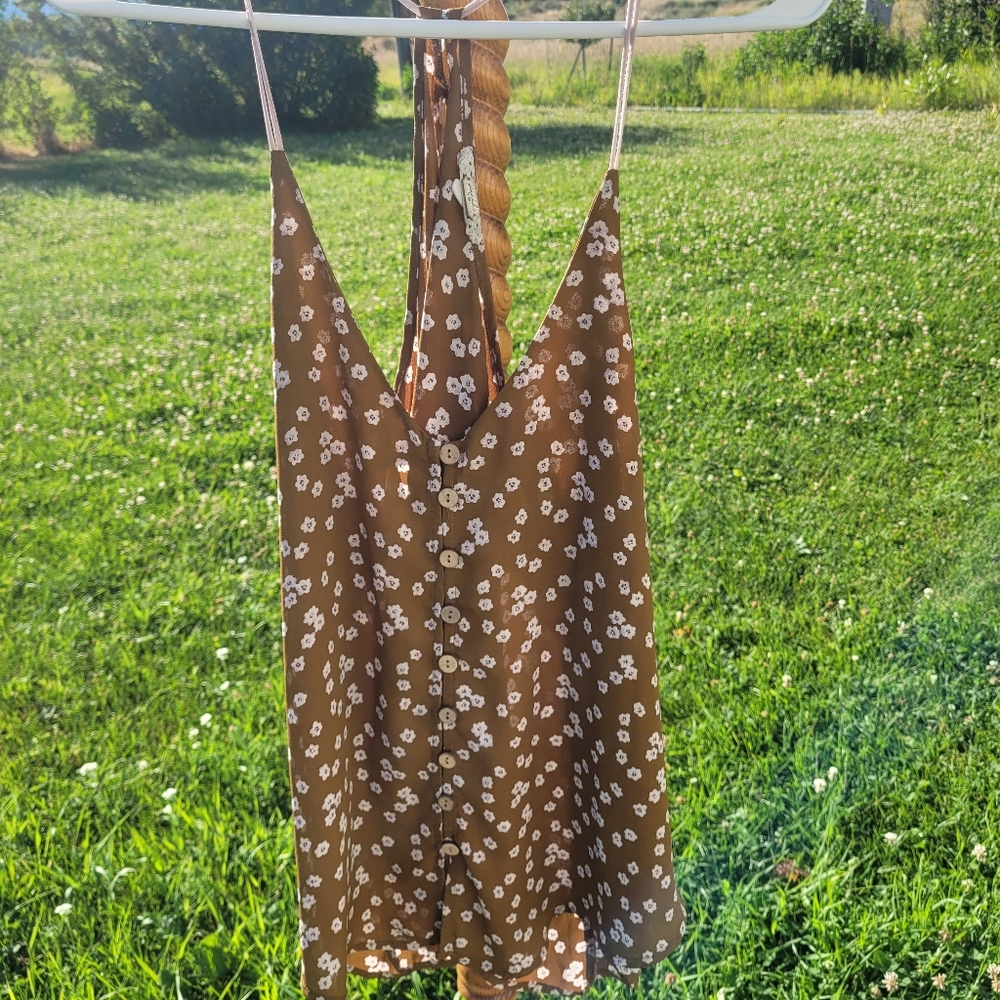 Open Back,  Brown Floral Spaghetti Strap Tank Top, M, Gimmick/BKE